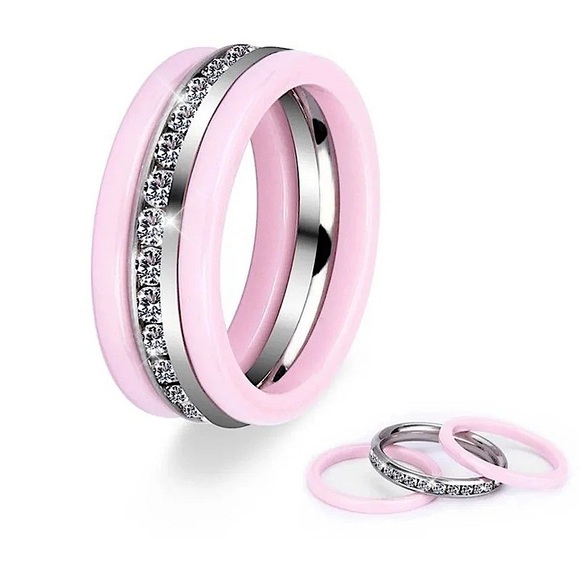 NEW Womens 2 pc Ring Set, Pink Ceramic White Gold Plated 316L Band, Size 5‎ - Picture 1 of 7
